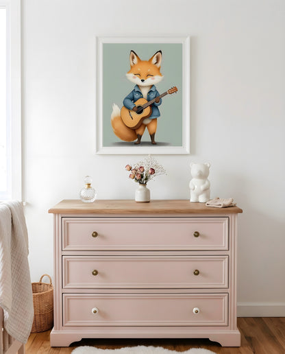 Nursery Baby Fox Musician Retro Flat Character Printable Wall Art — hung above a nursery dresser on a warm-toned wall