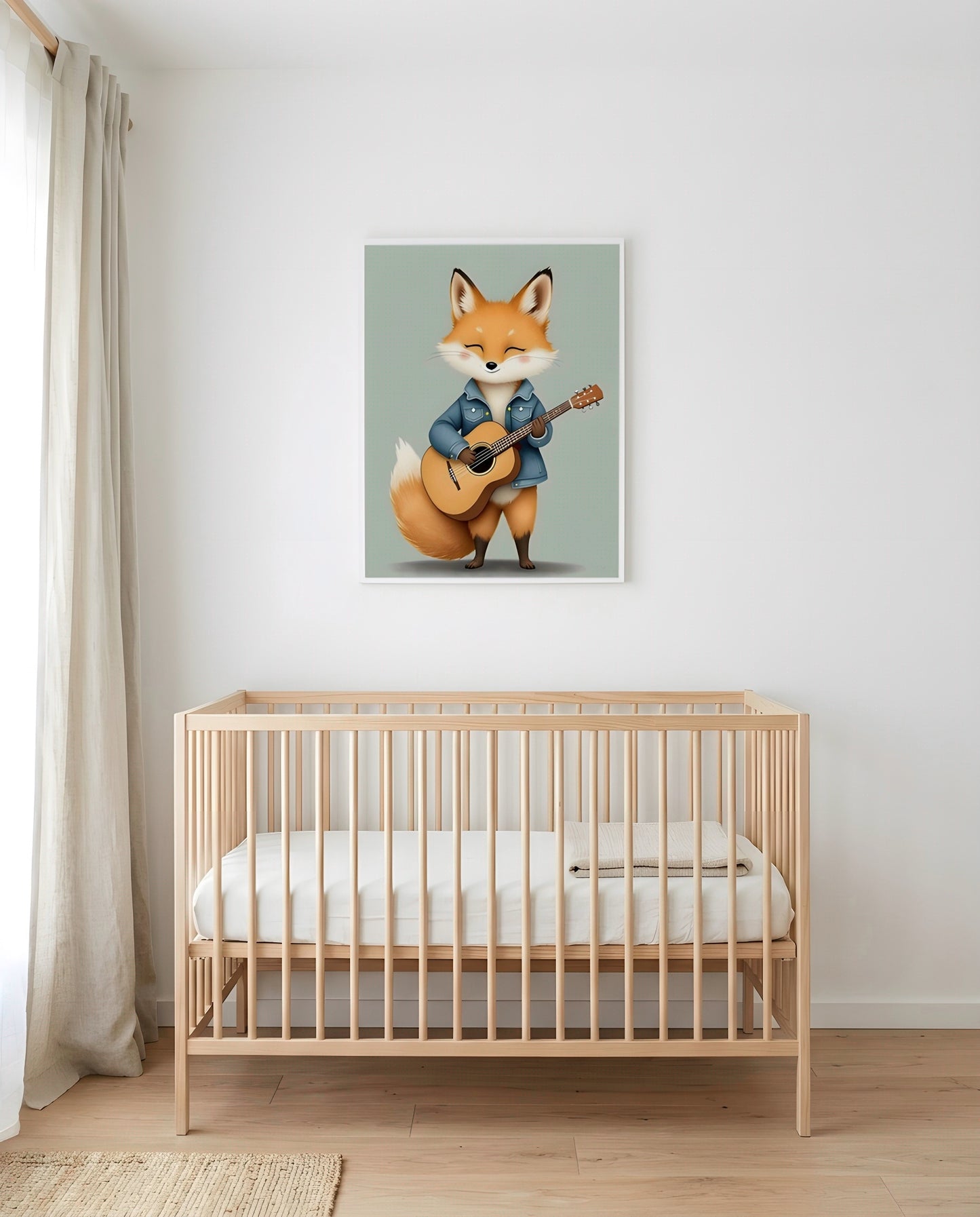 Nursery Baby Fox Musician Retro Flat Character Printable Wall Art — framed in white above a crib in a softly lit nursery