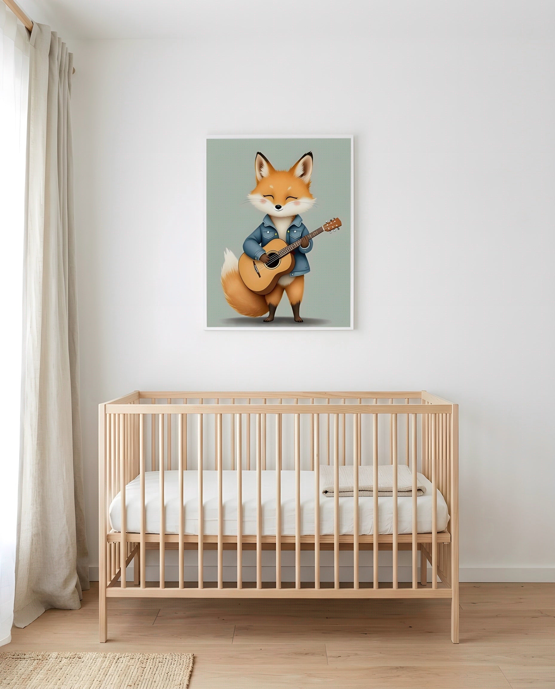 Nursery Baby Fox Musician Retro Flat Character Printable Wall Art — framed in white above a crib in a softly lit nursery