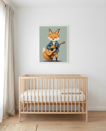 Nursery Baby Fox Musician Retro Flat Character Printable Wall Art — framed in white above a crib in a softly lit nursery