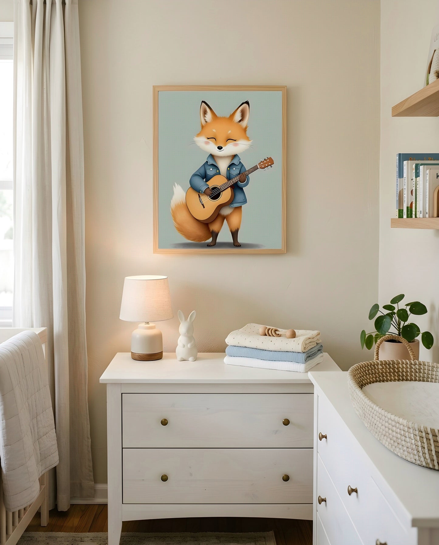 Nursery Baby Fox Musician Retro Flat Character Printable Wall Art — hung above a nursery dresser on a warm-toned wall