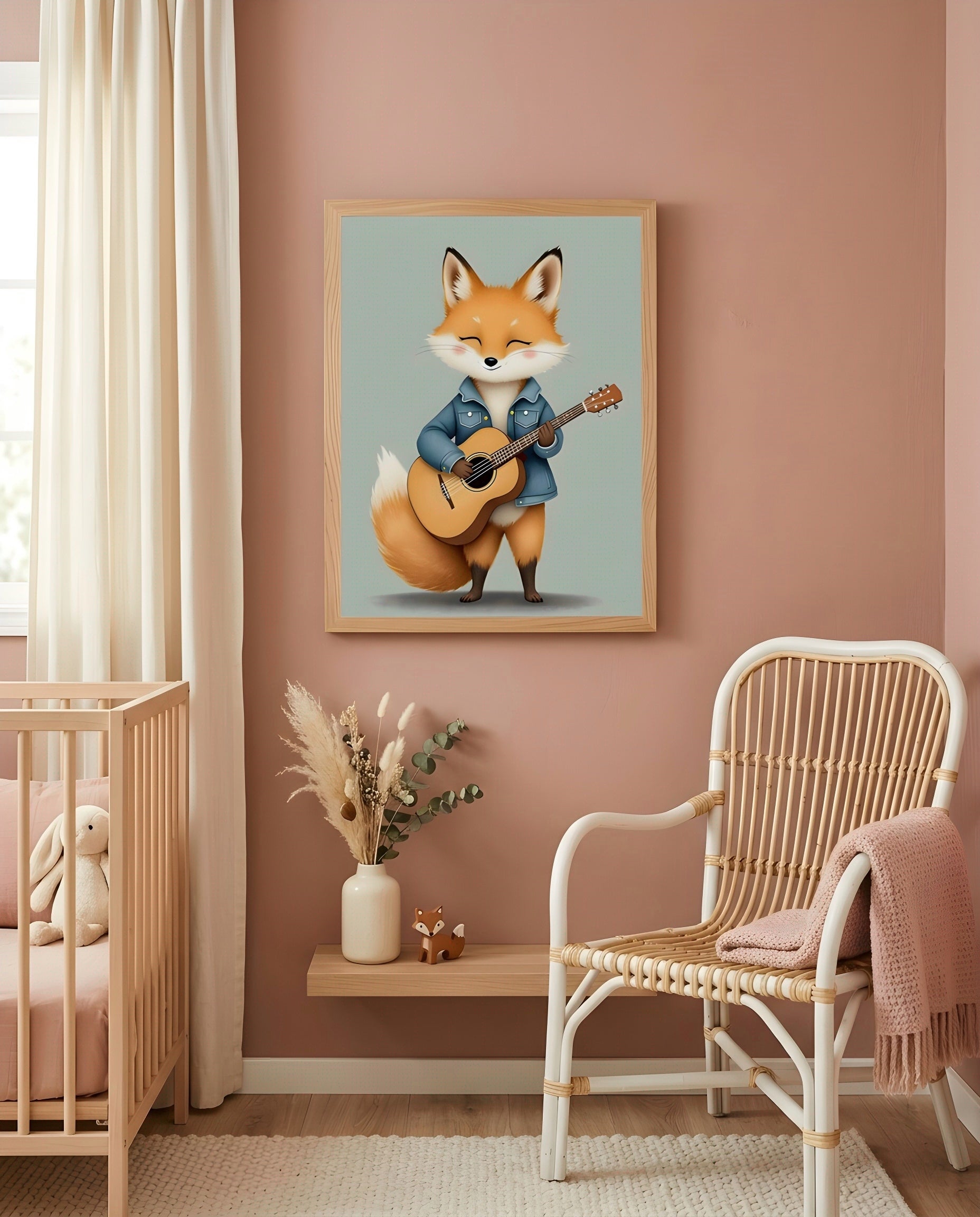 Nursery Baby Fox Musician Retro Flat Character Printable Wall Art — displayed in a styled nursery room corner