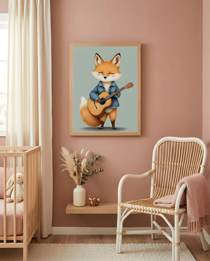 Nursery Baby Fox Musician Retro Flat Character Printable Wall Art — displayed in a styled nursery room corner