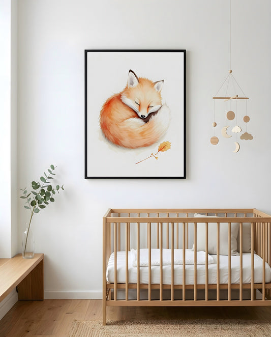 Nursery Baby Fox Soft Watercolor Minimal Printable Wall Art — framed in white on a neutral nursery wall
