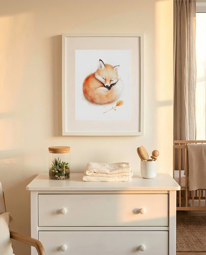Nursery Baby Fox Soft Watercolor Minimal Printable Wall Art — hung above a nursery dresser on a warm-toned wall