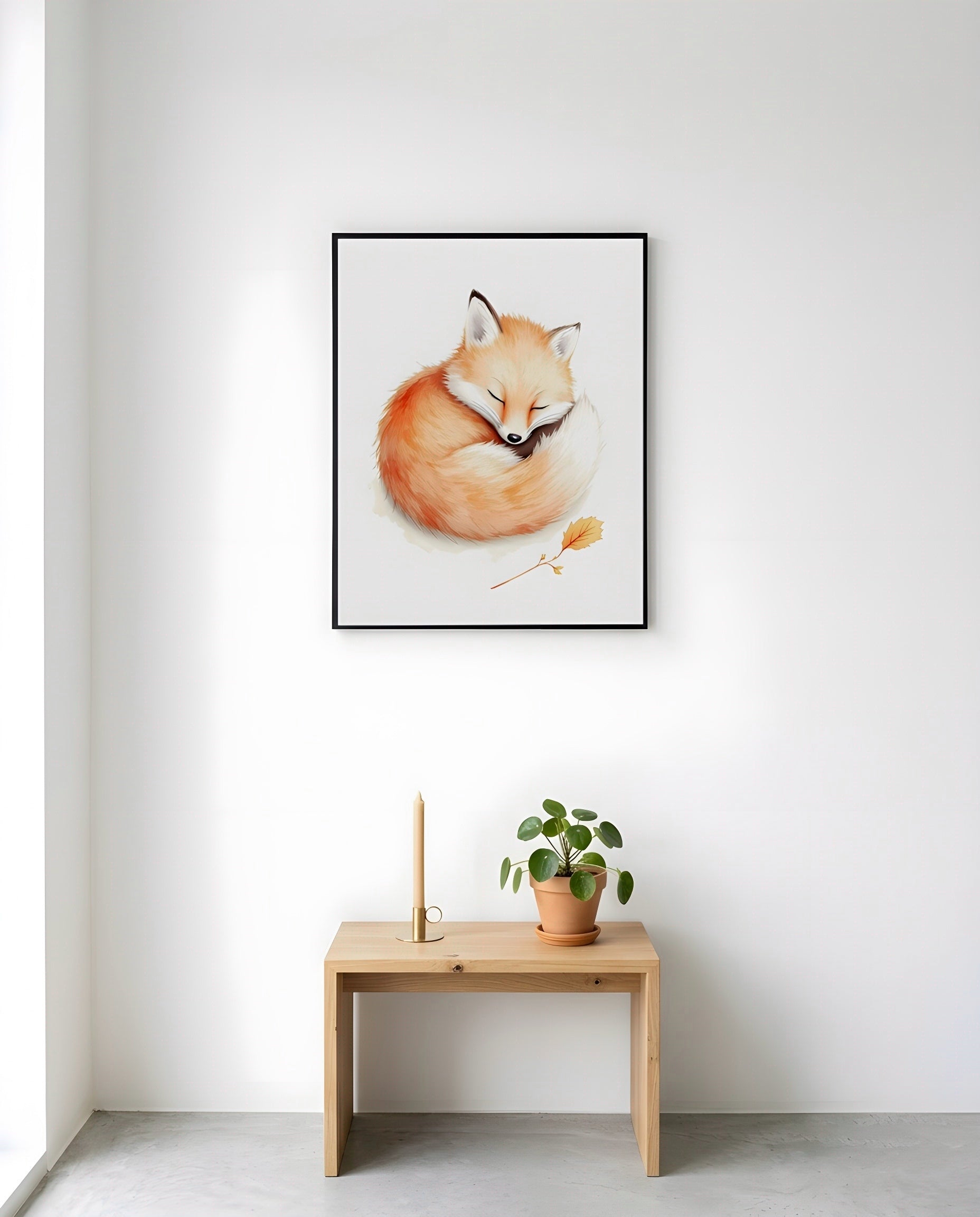 Nursery Baby Fox Soft Watercolor Minimal Printable Wall Art — displayed in a styled nursery room corner