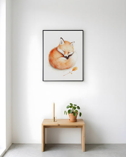 Nursery Baby Fox Soft Watercolor Minimal Printable Wall Art — displayed in a styled nursery room corner