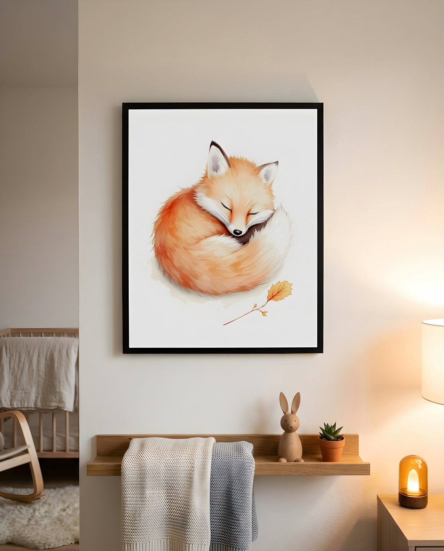Nursery Baby Fox Soft Watercolor Minimal Printable Wall Art — displayed in a styled home setting
