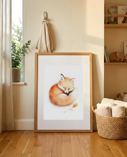 Nursery Baby Fox Soft Watercolor Minimal Printable Wall Art — leaning against a light wall in a nursery setting