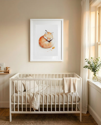 Nursery Baby Fox Soft Watercolor Minimal Printable Wall Art — framed in white above a crib in a softly lit nursery