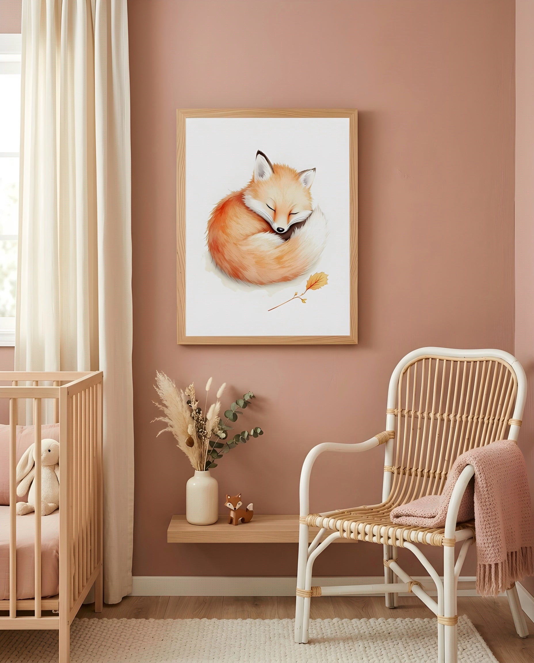 Nursery Baby Fox Soft Watercolor Minimal Printable Wall Art — displayed in a styled nursery room corner