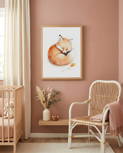 Nursery Baby Fox Soft Watercolor Minimal Printable Wall Art — displayed in a styled nursery room corner