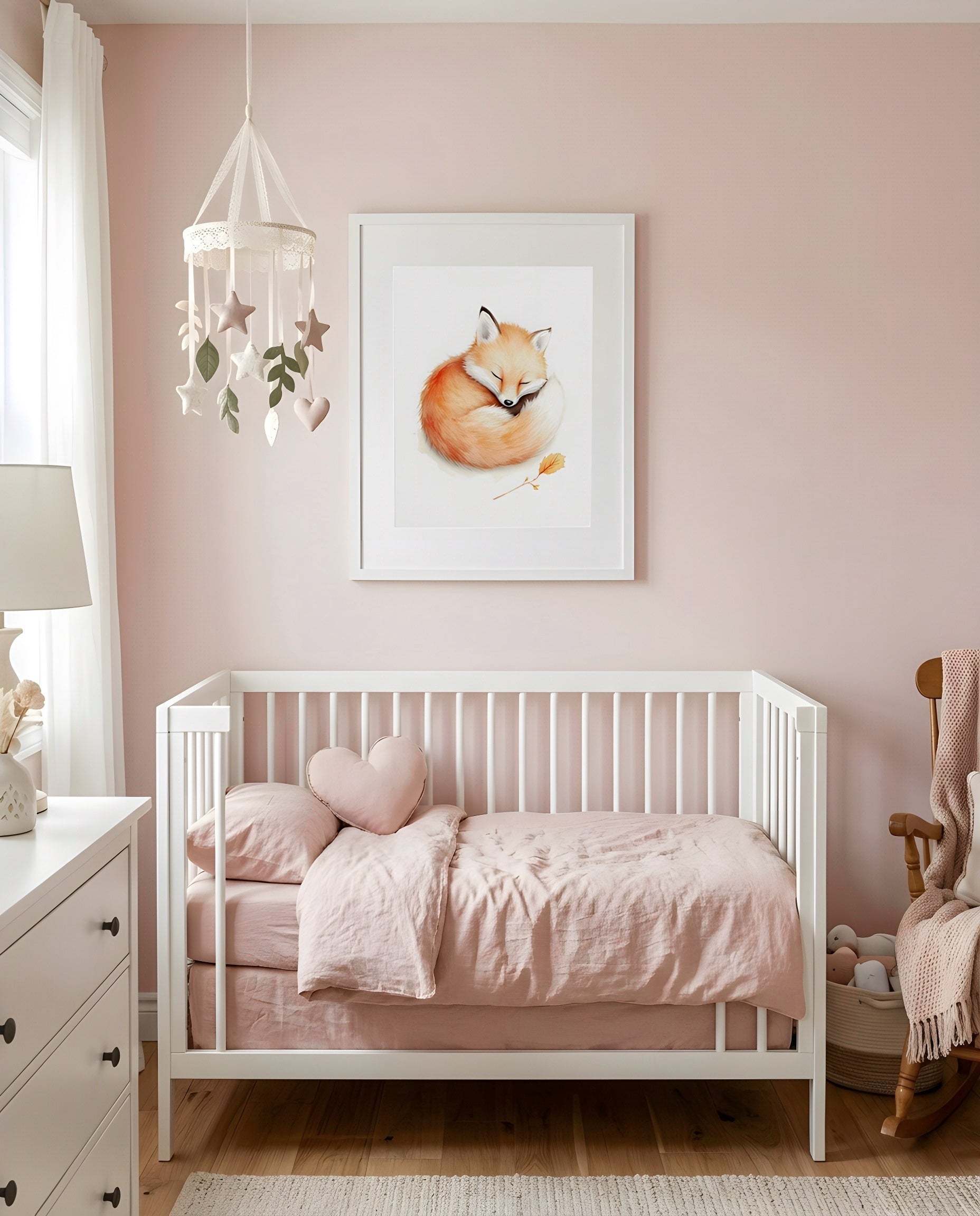 Nursery Baby Fox Soft Watercolor Minimal Printable Wall Art — framed in white above a crib in a softly lit nursery
