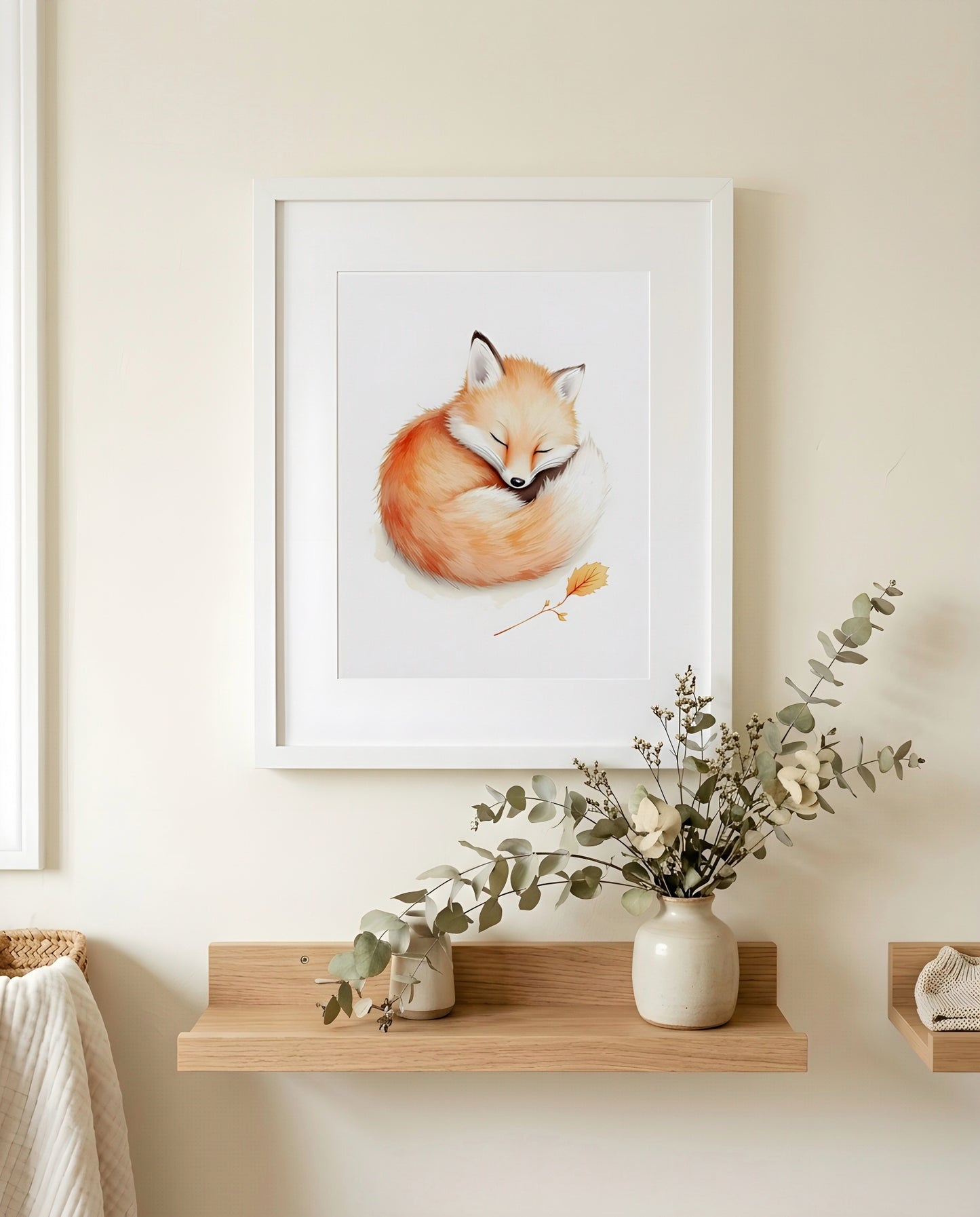 Nursery Baby Fox Soft Watercolor Minimal Printable Wall Art — close-up on a nursery shelf alongside small ornaments