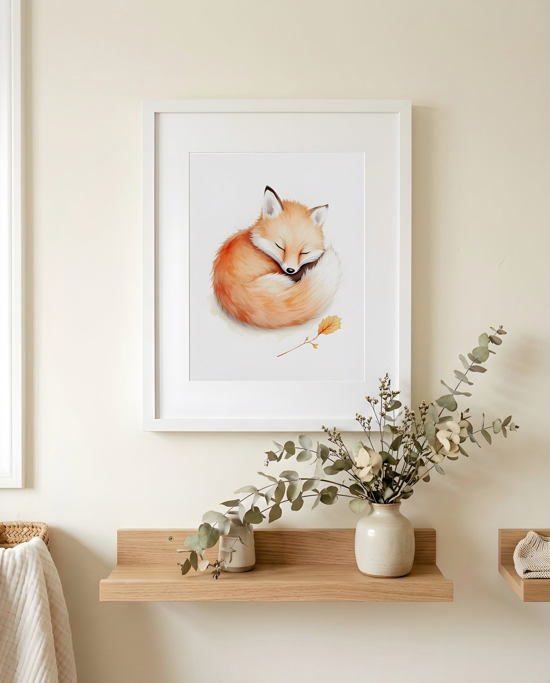 Nursery Baby Fox Soft Watercolor Minimal Printable Wall Art — close-up on a nursery shelf alongside small ornaments