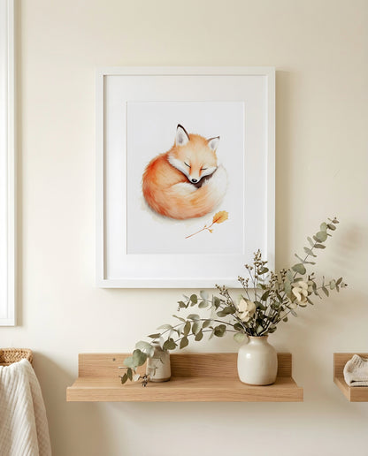 Nursery Baby Fox Soft Watercolor Minimal Printable Wall Art — close-up on a nursery shelf alongside small ornaments