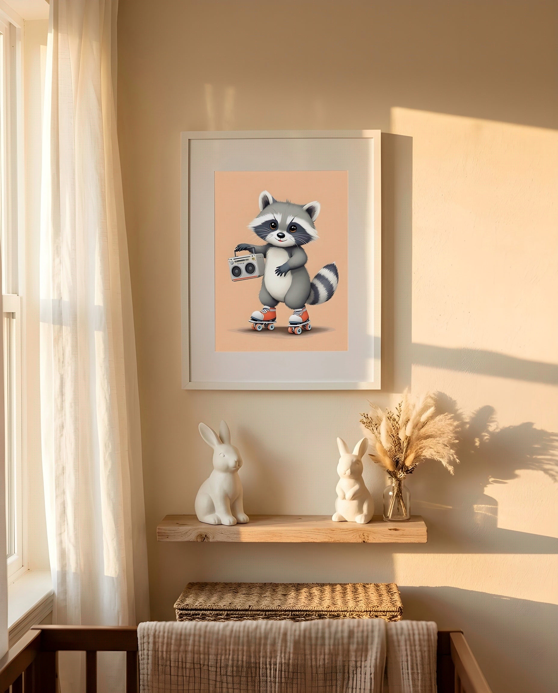Nursery Baby Raccoon Retro Flat Character Printable Wall Art — framed in white on a neutral nursery wall