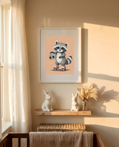 Nursery Baby Raccoon Retro Flat Character Printable Wall Art — framed in white on a neutral nursery wall