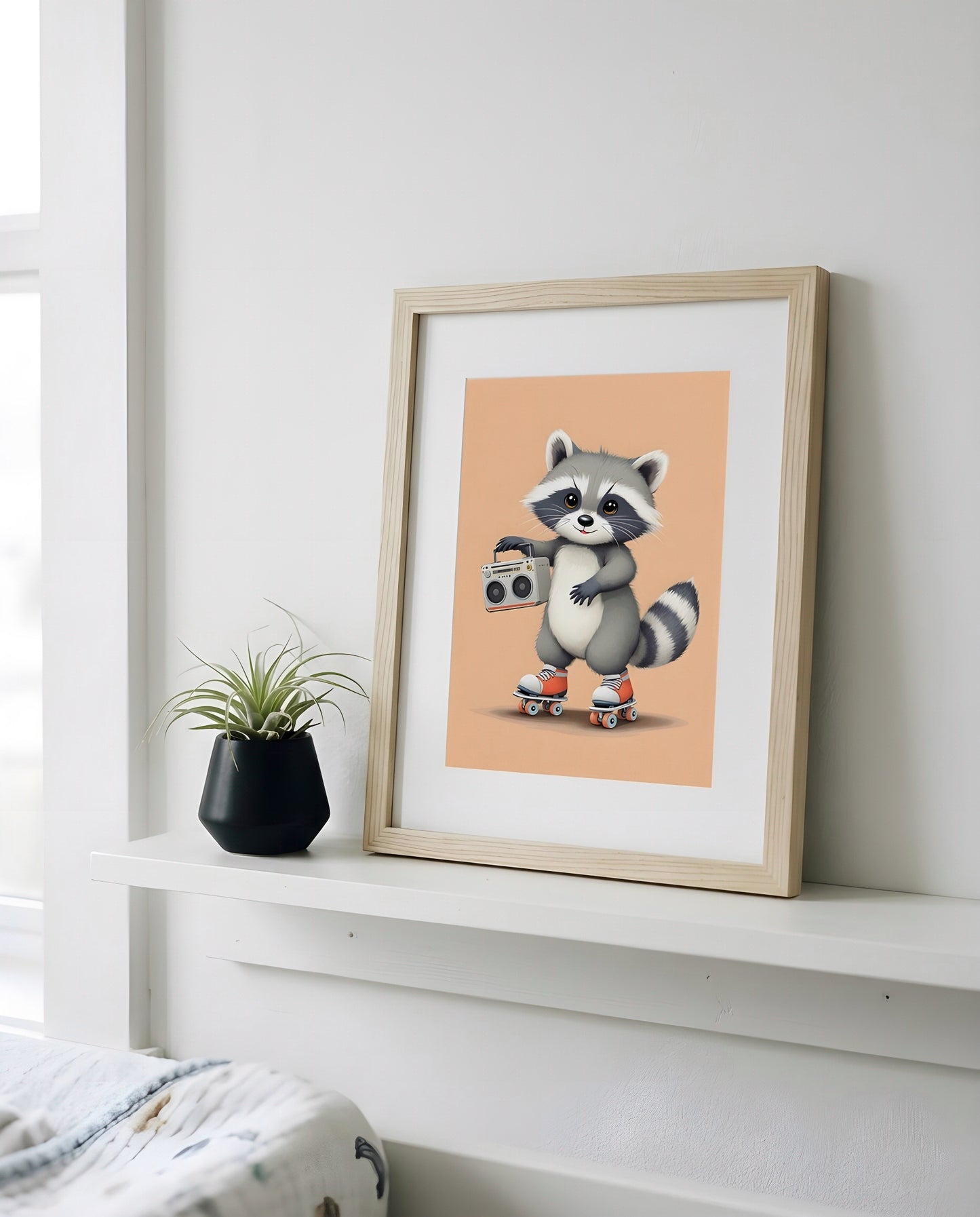 Nursery Baby Raccoon Retro Flat Character Printable Wall Art — propped on a wooden nursery shelf with decor