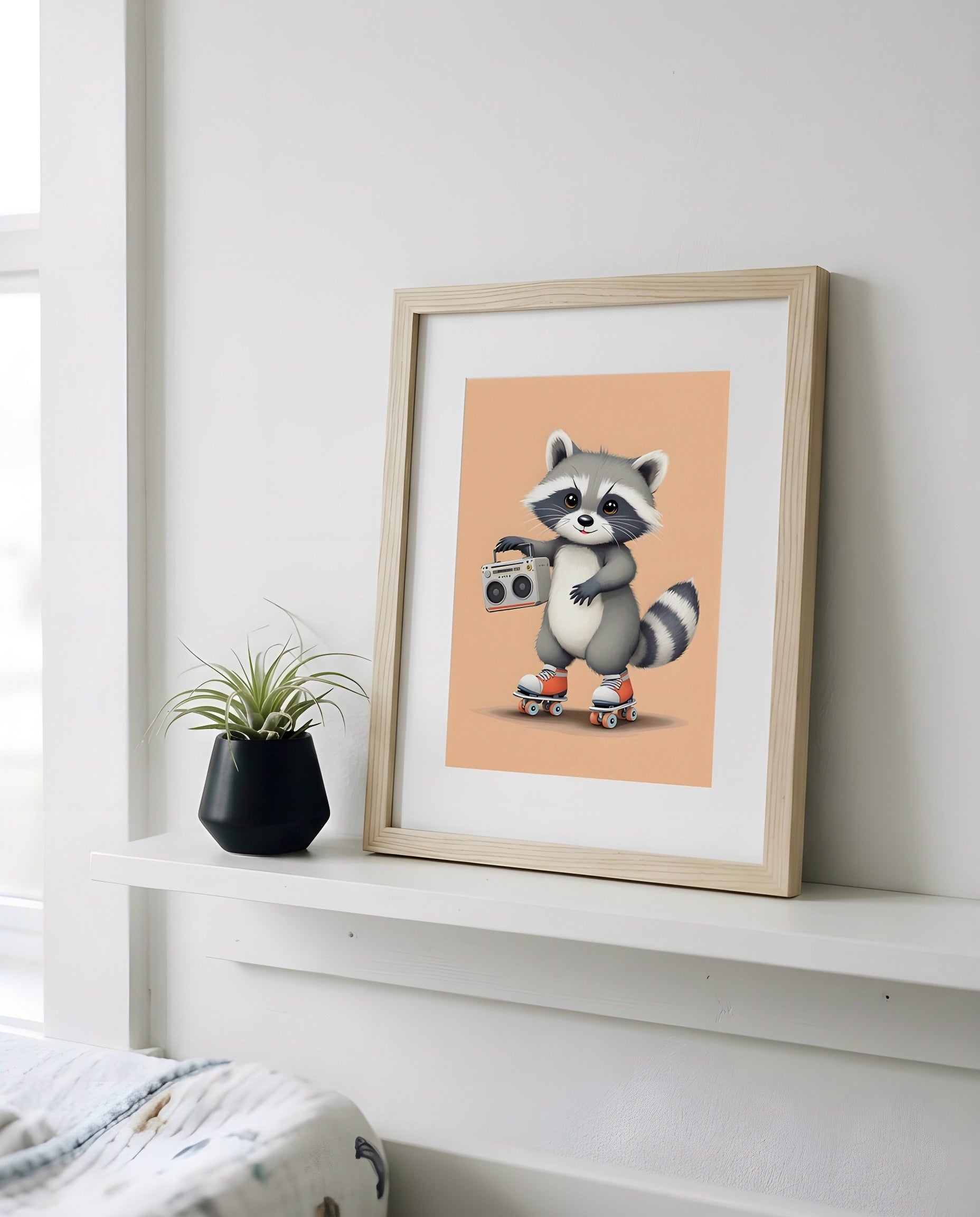 Nursery Baby Raccoon Retro Flat Character Printable Wall Art — propped on a wooden nursery shelf with decor