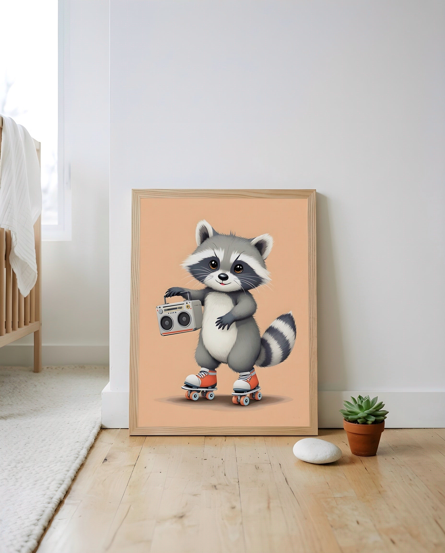 Nursery Baby Raccoon Retro Flat Character Printable Wall Art — leaning against a wall in a styled setting