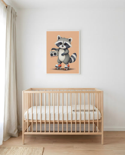 Nursery Baby Raccoon Retro Flat Character Printable Wall Art — framed in white above a crib in a softly lit nursery