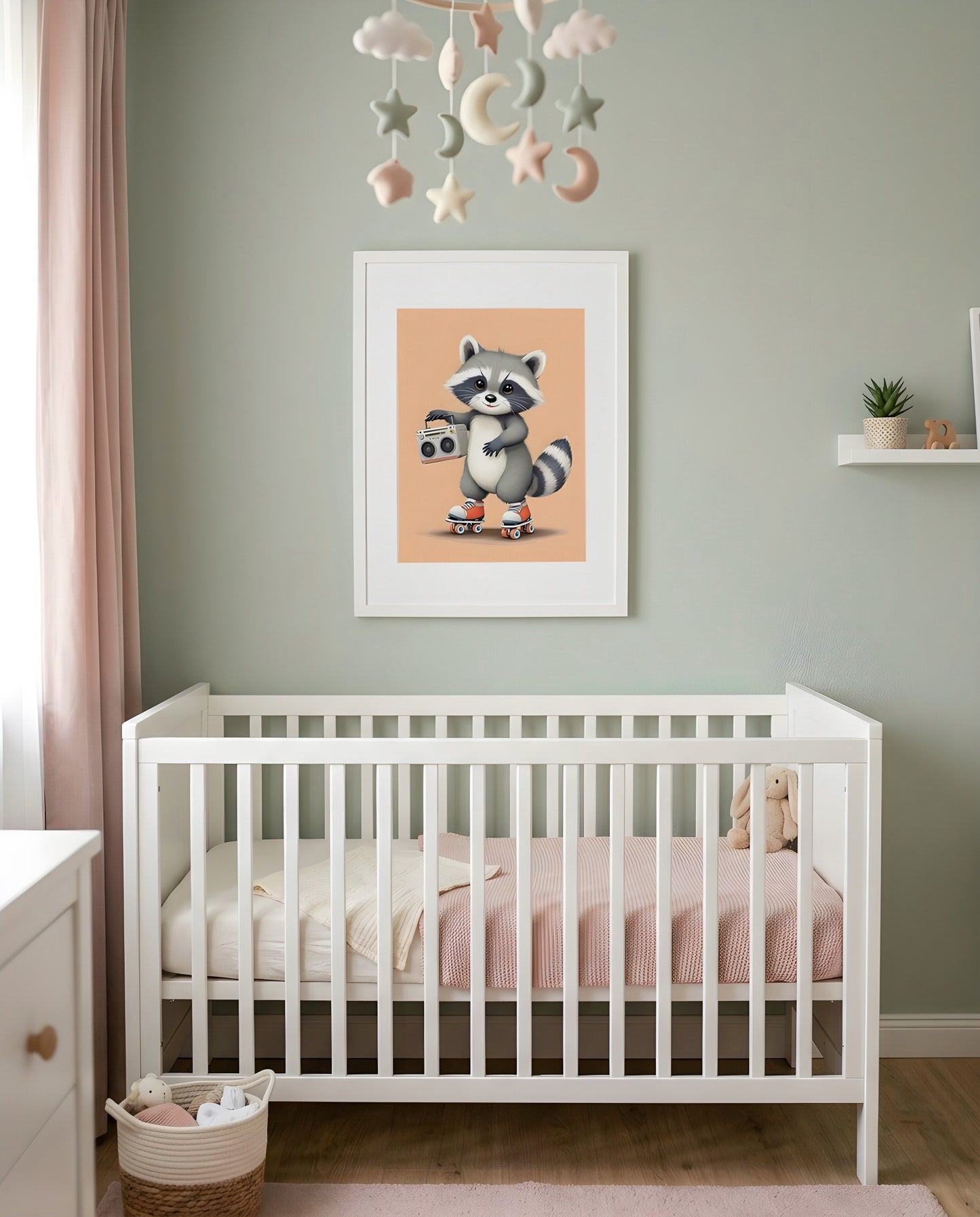 Nursery Baby Raccoon Retro Flat Character Printable Wall Art — framed in white above a crib in a softly lit nursery