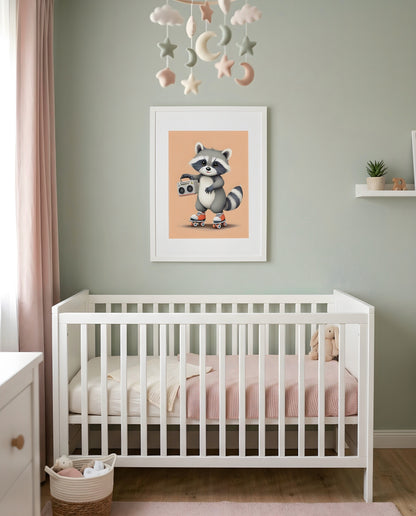 Nursery Baby Raccoon Retro Flat Character Printable Wall Art — framed in white above a crib in a softly lit nursery