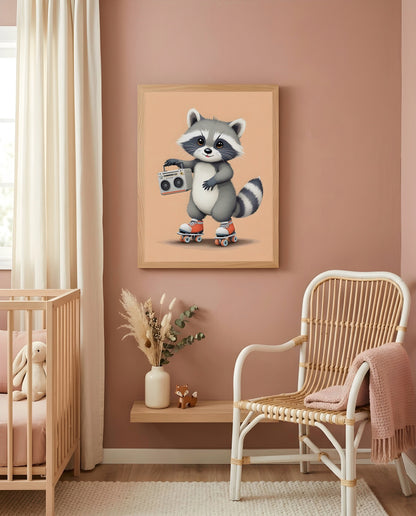 Nursery Baby Raccoon Retro Flat Character Printable Wall Art — displayed in a styled nursery room corner
