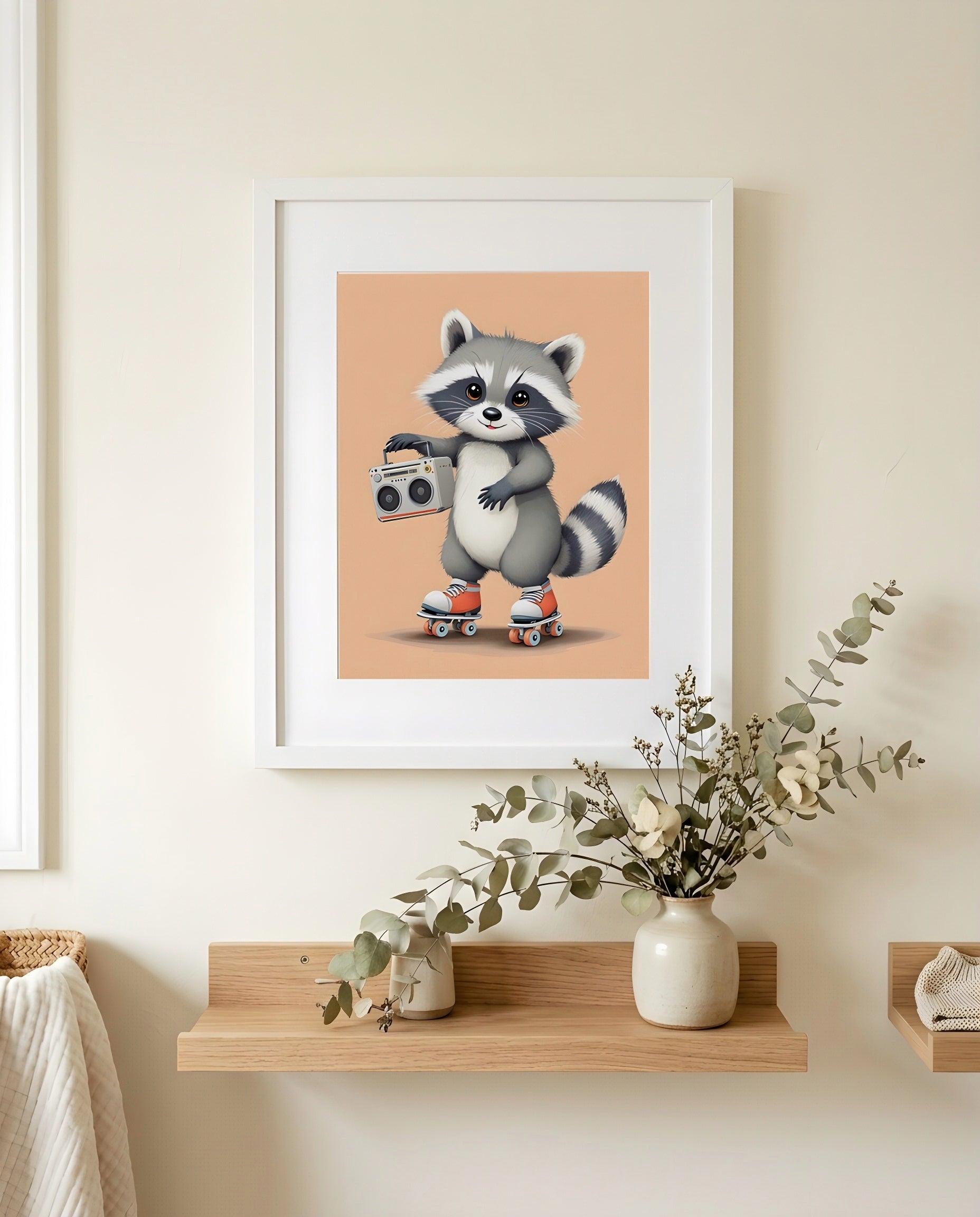 Nursery Baby Raccoon Retro Flat Character Printable Wall Art — close-up on a nursery shelf alongside small ornaments