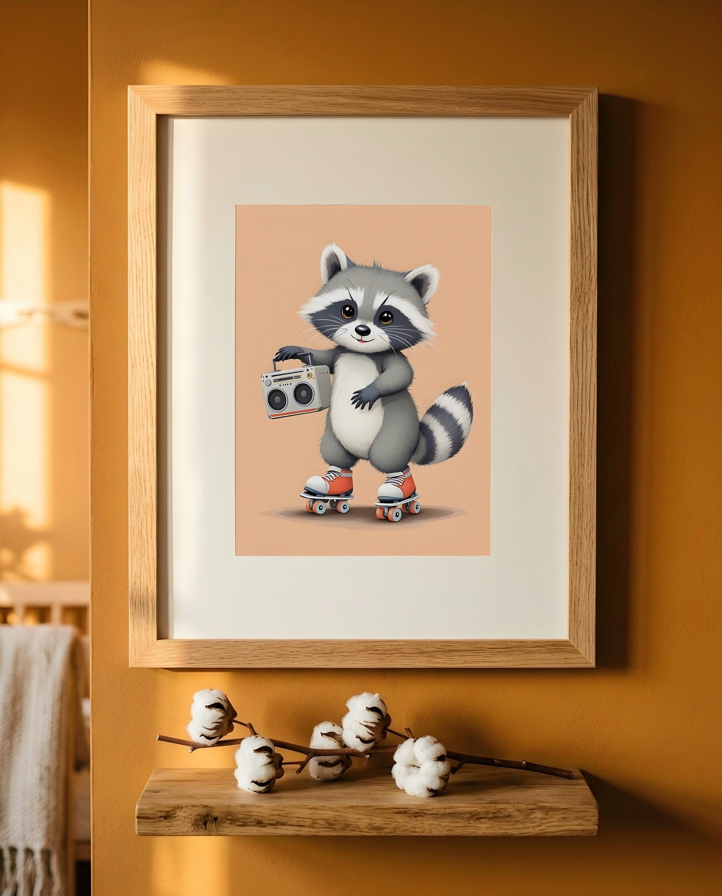 Nursery Baby Raccoon Retro Flat Character Printable Wall Art — close-up on a nursery shelf alongside small ornaments