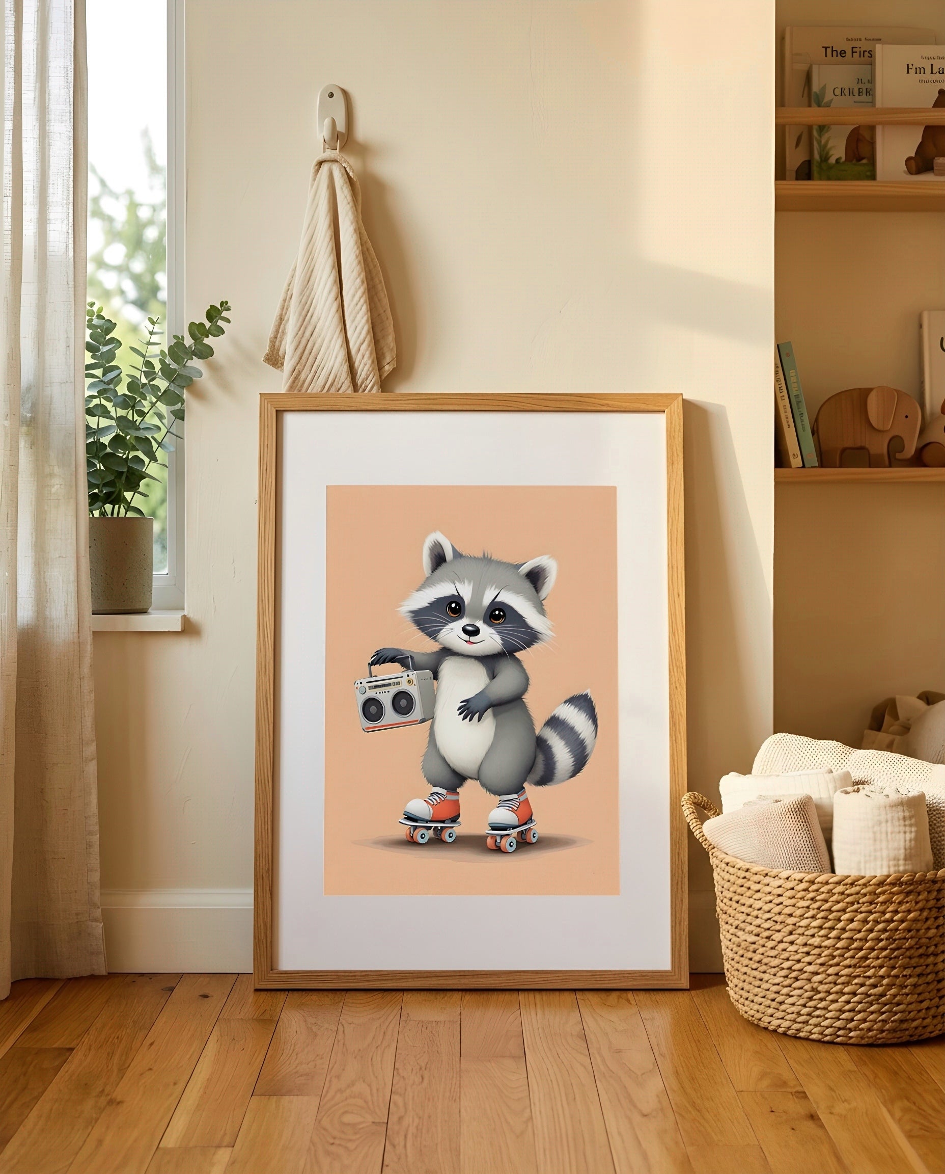 Nursery Baby Raccoon Retro Flat Character Printable Wall Art — leaning against a light wall in a nursery setting