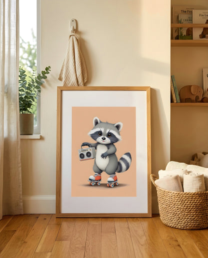 Nursery Baby Raccoon Retro Flat Character Printable Wall Art — leaning against a light wall in a nursery setting