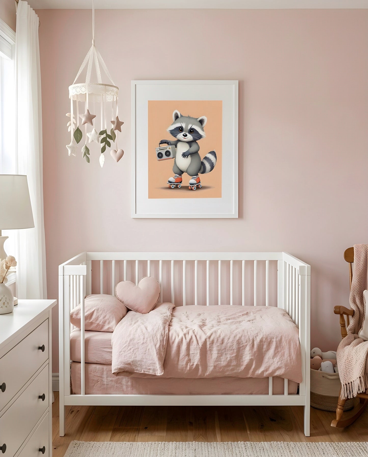 Nursery Baby Raccoon Retro Flat Character Printable Wall Art — framed in white above a crib in a softly lit nursery
