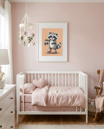 Nursery Baby Raccoon Retro Flat Character Printable Wall Art — framed in white above a crib in a softly lit nursery