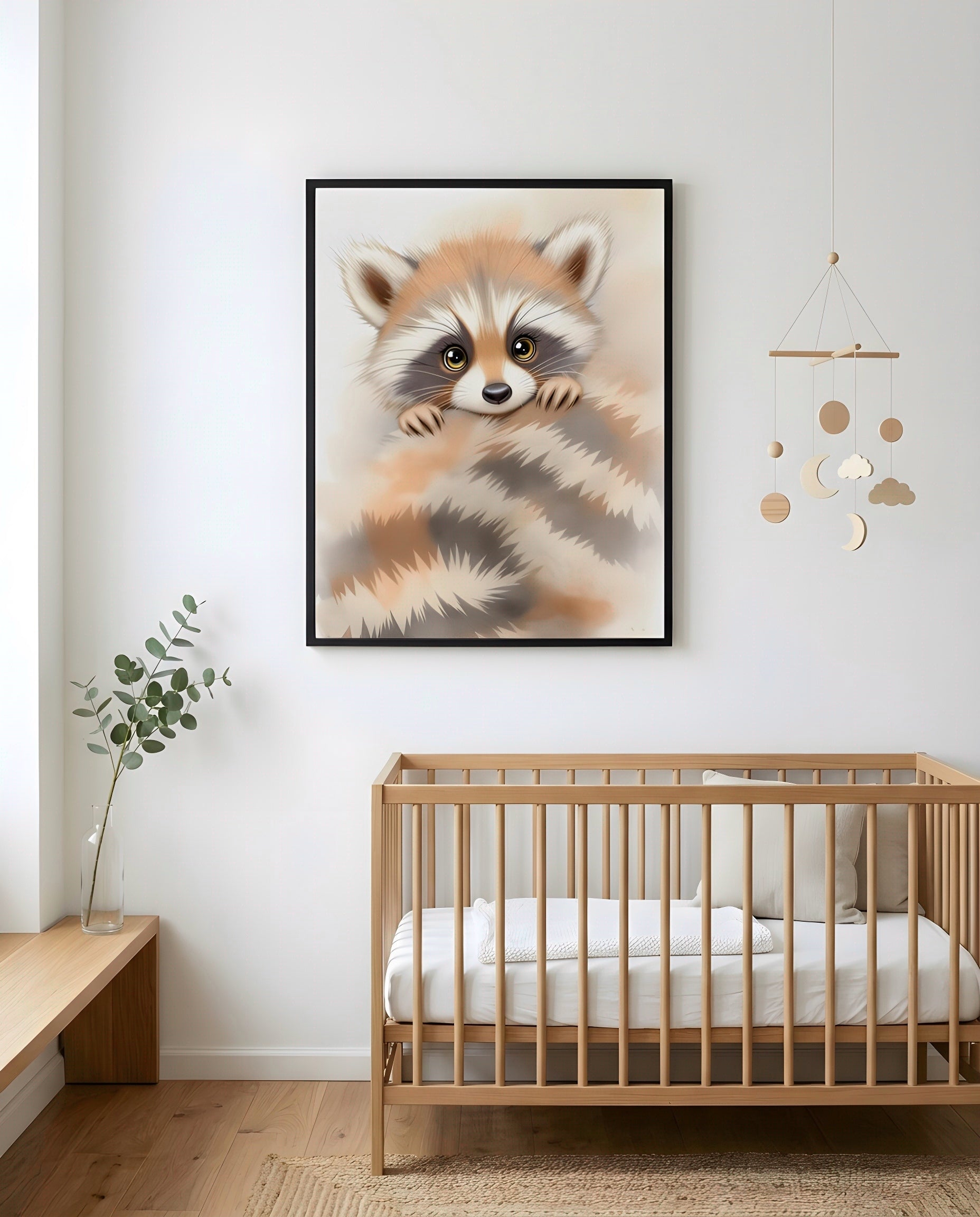 Nursery Baby Raccoon Soft Watercolor Minimal Printable Wall Art — framed in white on a neutral nursery wall