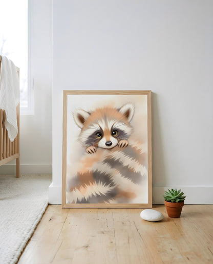 Nursery Baby Raccoon Soft Watercolor Minimal Printable Wall Art — leaning against a wall in a styled setting