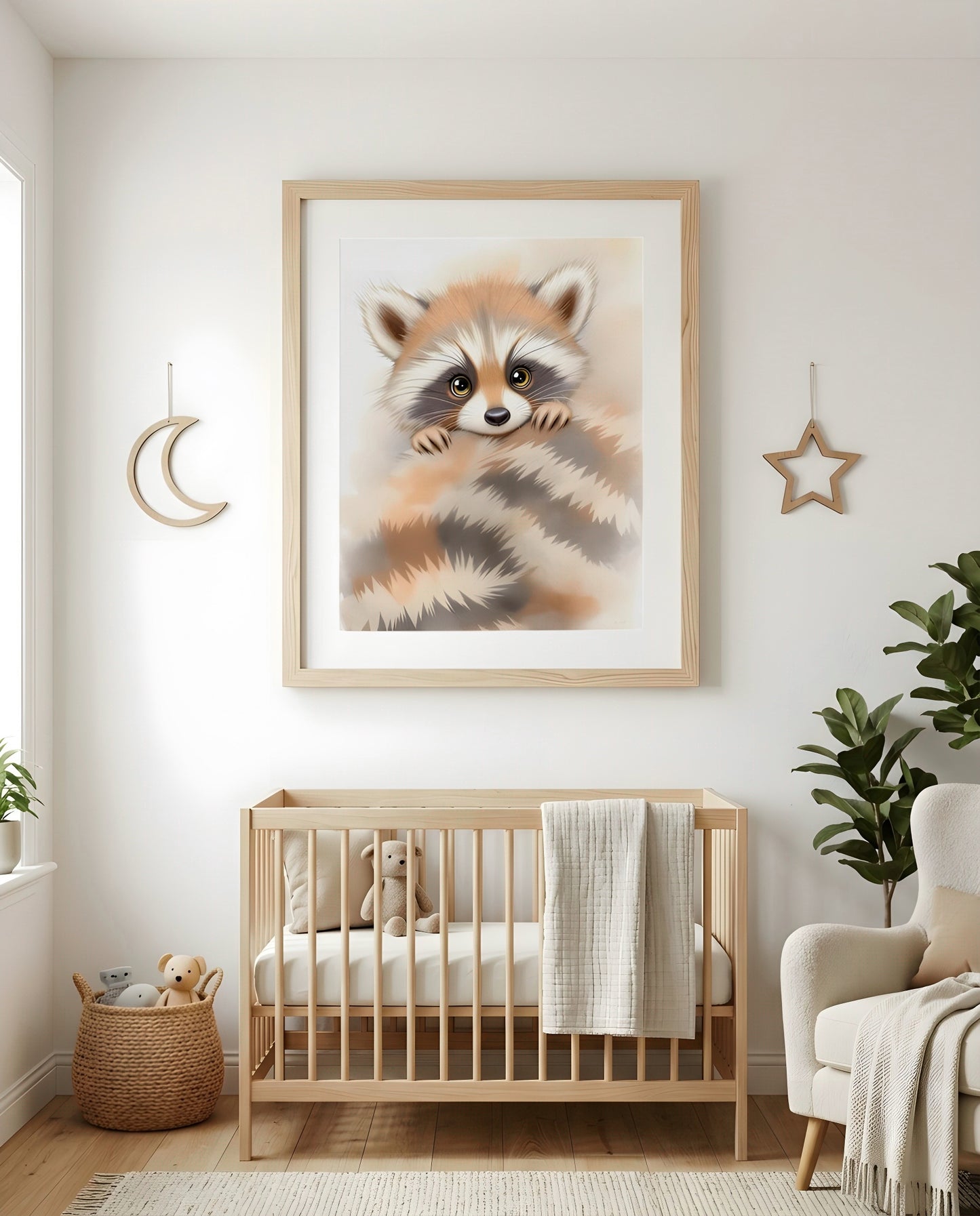 Nursery Baby Raccoon Soft Watercolor Minimal Printable Wall Art — as part of a gallery wall arrangement