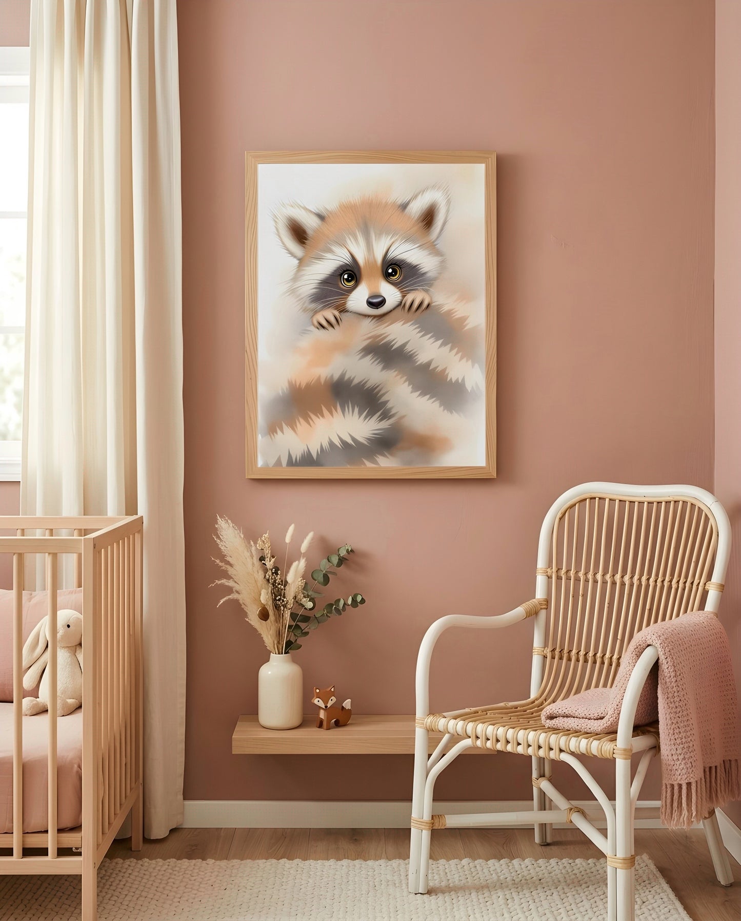 Nursery Baby Raccoon Soft Watercolor Minimal Printable Wall Art — displayed in a styled nursery room corner