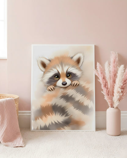 Nursery Baby Raccoon Soft Watercolor Minimal Printable Wall Art — leaning against a light wall in a nursery setting