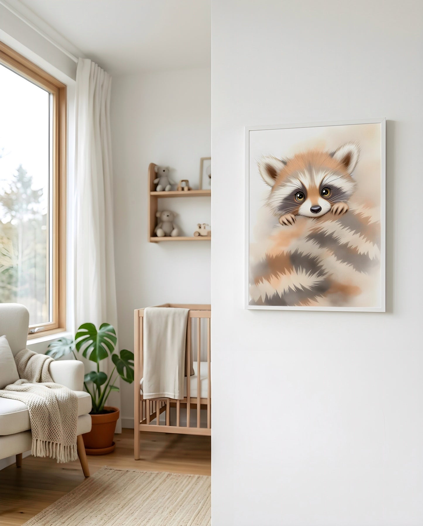 Nursery Baby Raccoon Soft Watercolor Minimal Printable Wall Art — displayed beside a window in warm natural light