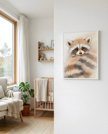 Nursery Baby Raccoon Soft Watercolor Minimal Printable Wall Art — displayed beside a window in warm natural light
