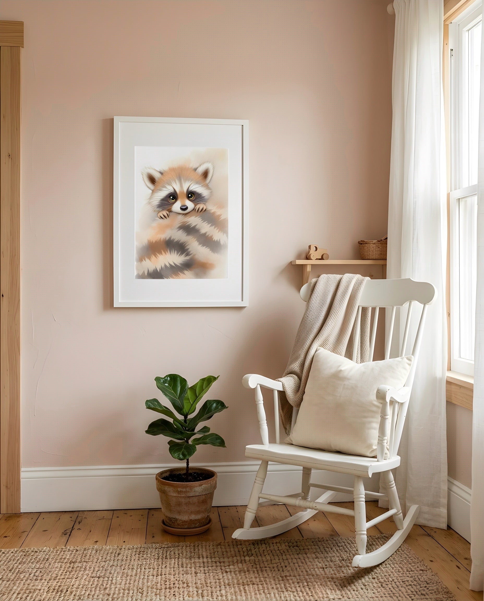 Nursery Baby Raccoon Soft Watercolor Minimal Printable Wall Art — displayed in a styled nursery room corner