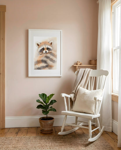 Nursery Baby Raccoon Soft Watercolor Minimal Printable Wall Art — displayed in a styled nursery room corner