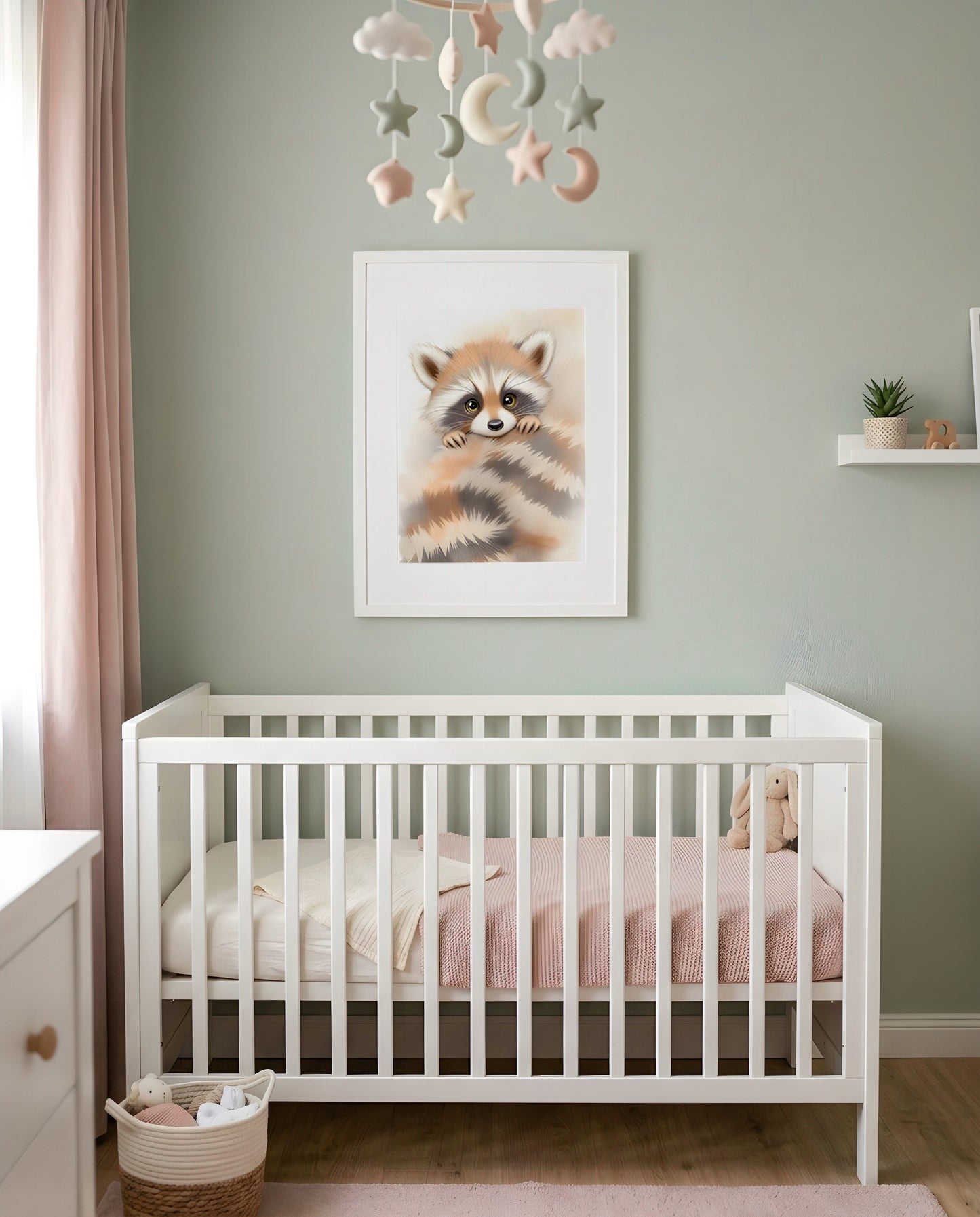 Nursery Baby Raccoon Soft Watercolor Minimal Printable Wall Art — displayed above a crib with soft linen bedding below