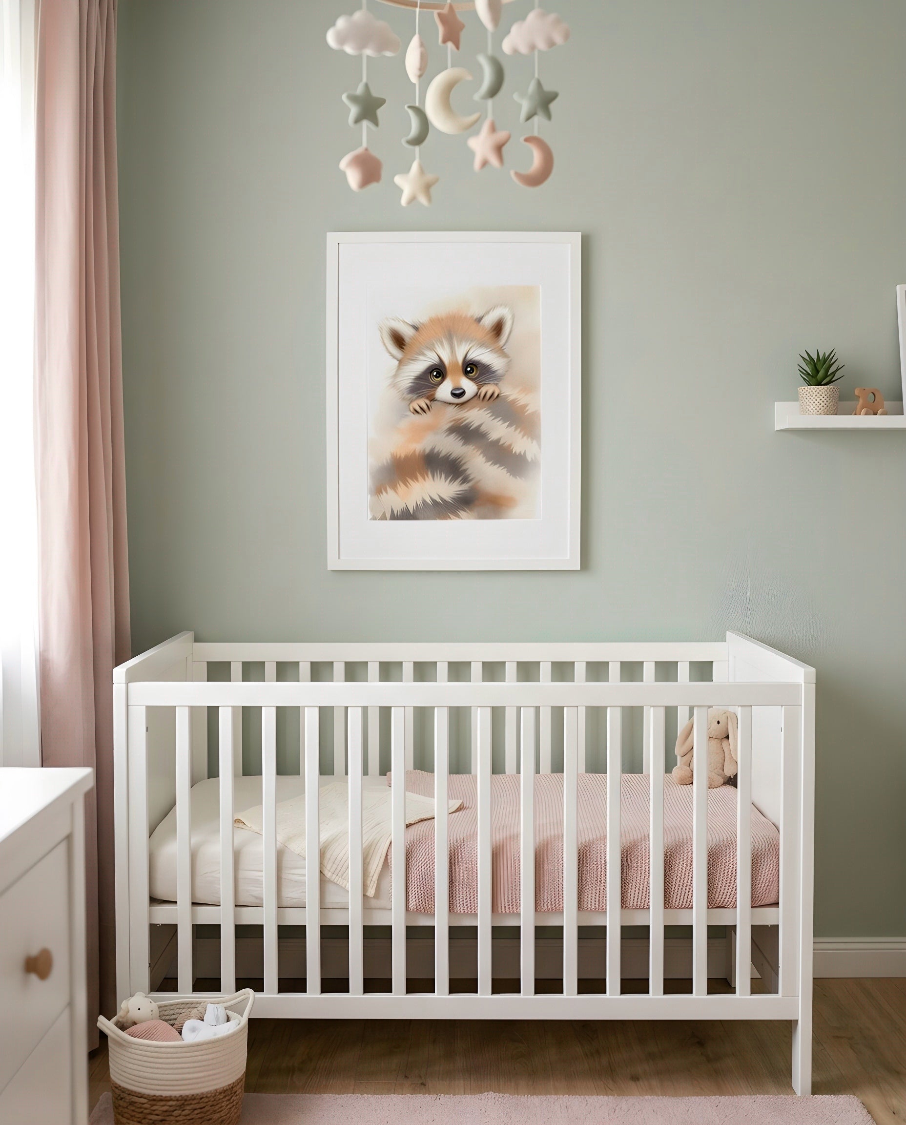 Nursery Baby Raccoon Soft Watercolor Minimal Printable Wall Art — displayed above a crib with soft linen bedding below