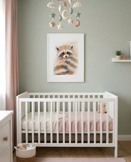 Nursery Baby Raccoon Soft Watercolor Minimal Printable Wall Art — displayed above a crib with soft linen bedding below