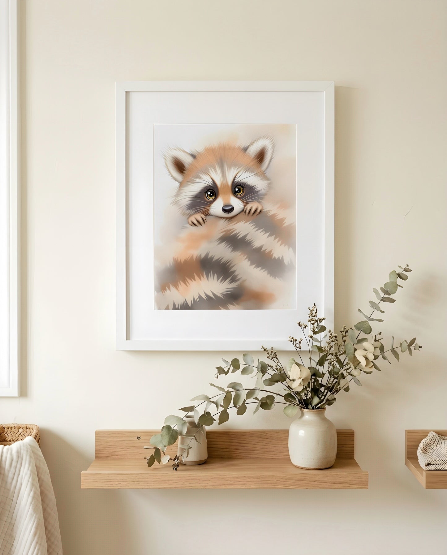 Nursery Baby Raccoon Soft Watercolor Minimal Printable Wall Art — close-up on a nursery shelf alongside small ornaments