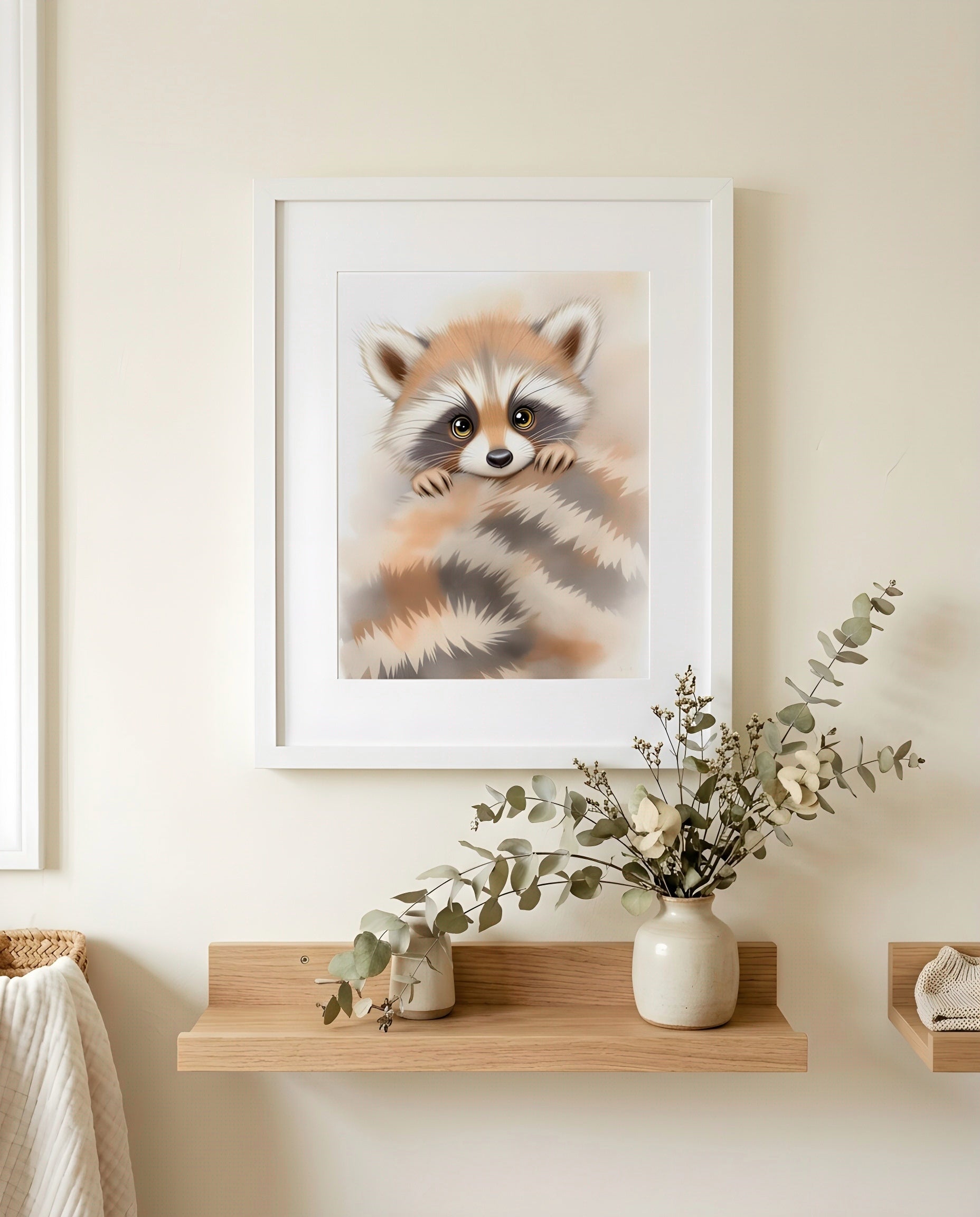 Nursery Baby Raccoon Soft Watercolor Minimal Printable Wall Art — close-up on a nursery shelf alongside small ornaments