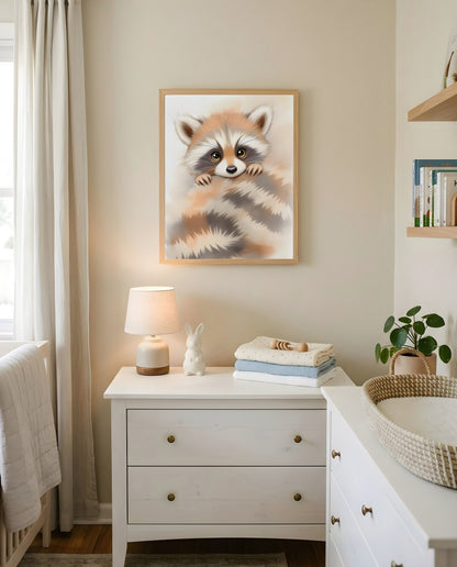 Nursery Baby Raccoon Soft Watercolor Minimal Printable Wall Art — hung above a nursery dresser on a warm-toned wall